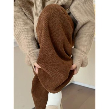 棕色雪尼爾闊腿褲女秋冬2023新款高腰休閑直筒小個子加絨加厚棉褲