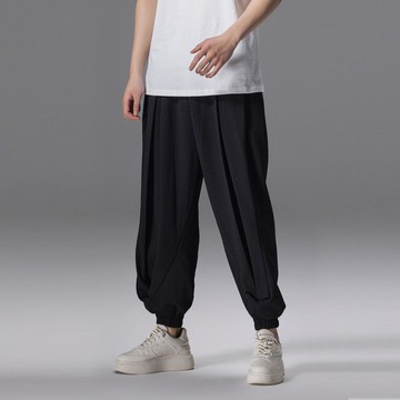 【推荐】夏季華夫格黑色九分褲    男士休閑束腳褲闊腿褲