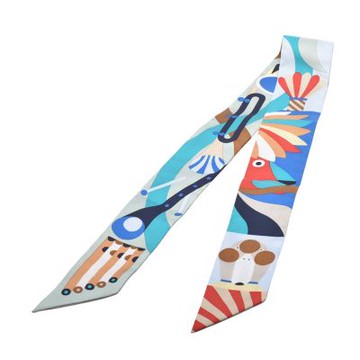 HERMES 經典Parade en Fanfare系列圖騰Twilly絲巾領結(藍色)