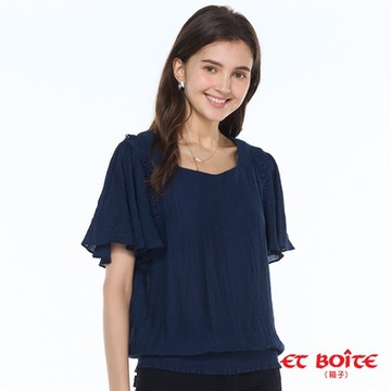 ETBOITE箱子 BLUE WAY –甜心領蕾絲拼接鬆緊下擺短袖襯衫(藏青)