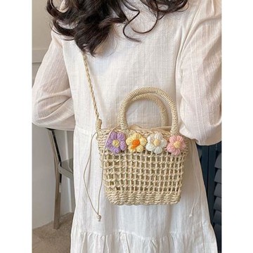 手提田園風草包編織包女2025新款夏天可愛小眾草編沙灘斜挎水桶包