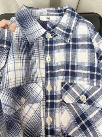 襯衫外套拼接藍黑色格紋女寬松休閒遮肉情侶款襯衣外穿時尚百搭潮新款【倪醬】