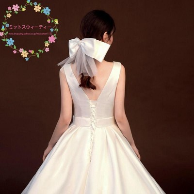 C136　高級 ショートチュール大きなリボンあるウェディング結婚式ミニドレス r400