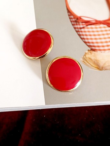 vintage jewelry  時尚圓形金邊紅琺瑯 夾式耳環