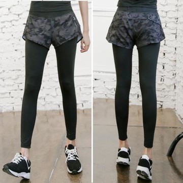 春夏季大碼假兩件瑜伽健身褲女跑步運動褲速干迷彩顯瘦緊身九分褲