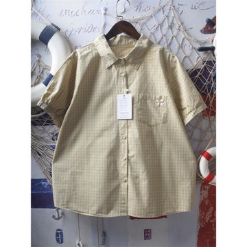 日系軟妹奶茶格子短袖襯衫少女夏蝴蝶結愛心扣森系ins風純棉上衣