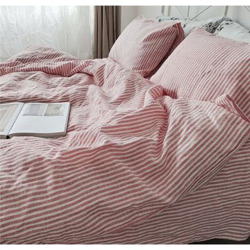 純亞麻四件套 寬色織條亞麻四件套 亞麻枕套 床單 床笠 被套