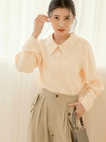 氣質雪紡珍珠釦美背綁帶公主袖上衣