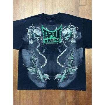 美式復古街頭暗黑風骷髏頭襯衫搞怪印花短袖t恤y2k寬松上衣打底衫