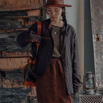 桑葚 亞麻漢麻寬鬆休閒襯衣 百搭長袖單排扣襯衫外套