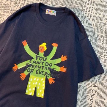 CMYJN 舒展手臂 美式復古趣味卡通印花短袖T恤寬松百搭情侶裝半袖