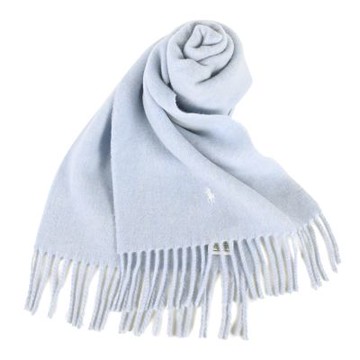 RALPH LAUREN POLO 小馬刺繡LOGO素面羊毛圍巾-寶寶藍