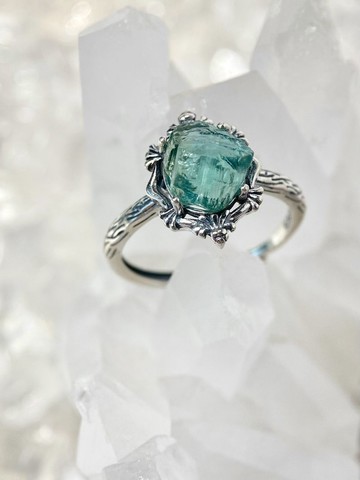 天然藍碧璽原石 復古S925銀戒指 可調節戒圍 湖藍薄荷綠雙色碧璽