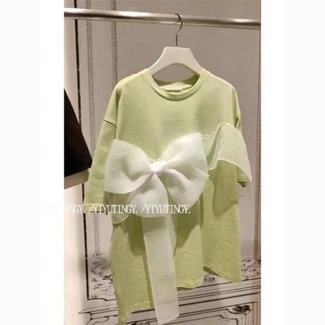 夏季新款設計感ins立體蝴蝶結休修身顯瘦百搭綠色圓領T恤上衣女