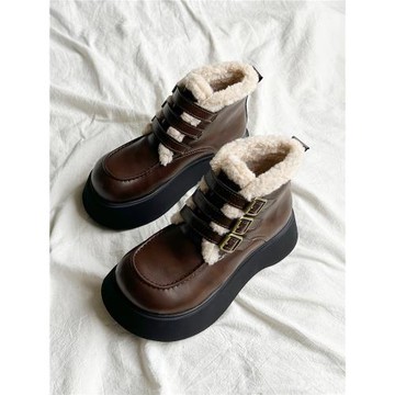 【大頭叔】厚底加絨保暖馬丁靴女冬季厚底增高小個子羊羔毛小短靴