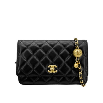 Chanel 展示品 金雙C菱格紋羊皮金球Woc斜背包(AP1450-黑)
