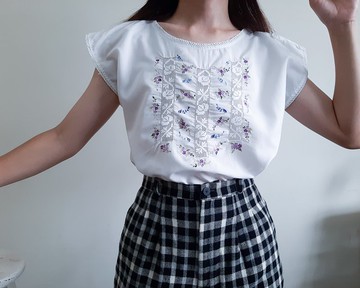 復古白色棉質刺繡襯衫手工鉤針上衣束腰上衣尺寸 M