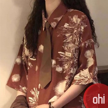 【ohi】寬鬆有垂感花襯衫 顯瘦百搭 港風上衣 女生襯衫 短袖襯衫 襯衣 短袖上衣 女裝 GSX8071