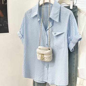 藍色條紋正肩短袖襯衫女夏季新款寬鬆休閒t恤上衣