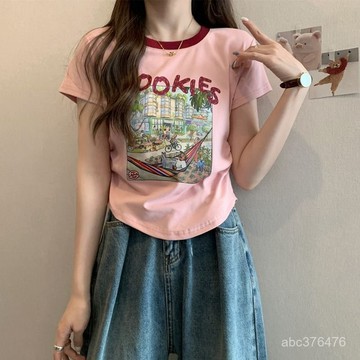 免運 短袖 正肩 T恤女 夏季新款 小众 修身 褶皱 百搭 甜辣妹 短款上衣 ins潮 卡通圖案