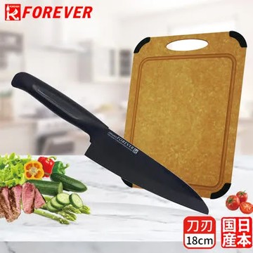 【FOREVER】日本製造鋒愛華高精密標準系列陶瓷刀18CM(黑刃黑柄)贈松木木質砧板-大