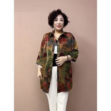 夏季媽媽裝新款真絲開衫薄外套中長款大碼花襯衫七分袖寬松防曬衫