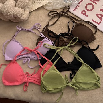 胖胖美依 上衣 吊帶 背心 無袖上衣 胸罩 內搭 新款性感綁帶掛脖三角杯內衣內搭吊帶美背比基尼短款背心上衣-7205.