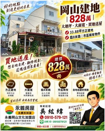 岡山大地坪大面寬買地送屋臨8米路方正建地｜高雄市岡山區大智段協和小段