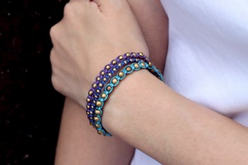 鉚釘波西米亞風搖滾珠手鍊編織強力朋克藍色手鐲