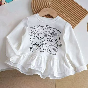 💥🔥秋季新款💥🔥女童秋季T恤衫新款卡通貓咪印花甜美拼接萌趣裙襬可愛上衣衫PUSB