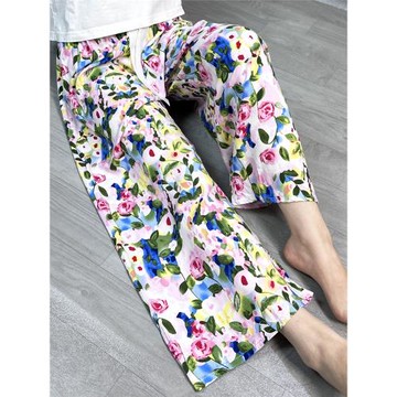 新款棉綢睡褲女夏薄款人造棉闊腿褲可外穿寬松家居空調九分長褲子