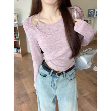 純欲溫柔長袖掛脖系帶針織衫女春秋假兩件內搭打底衫茶里茶氣上衣