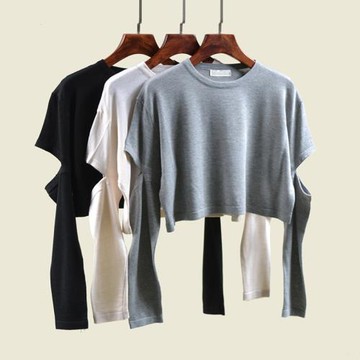 羊毛斷袖低圓領短款薄針織上衣2021年秋季高腰露臍女套頭針織衫