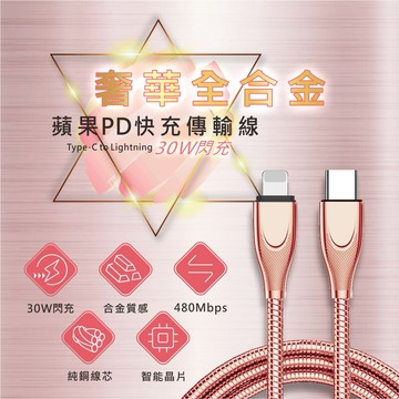 奢華全合金 i14蘋果PD閃充傳輸線 30W Max i13充電線 鋅合金接頭 全金屬線身 奢華數據線 適用iPhone
