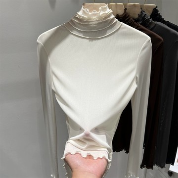 氣質木耳邊中高領雙層網紗長袖T恤女2025秋新款內搭打底衫上衣潮