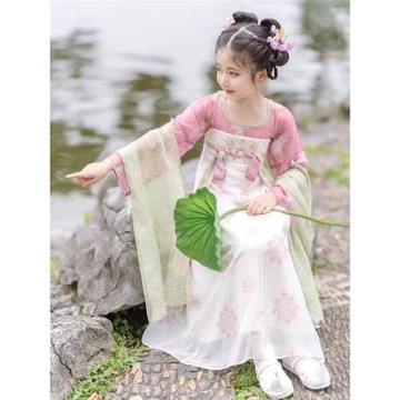蘇梅葉印花漢元素連衣裙原創唐制漢服女童夏季薄款兒童訶子裙套！