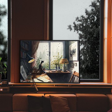 雨天的書房與貓 - 手繪感可愛療癒貓咪掛畫/catitem2026