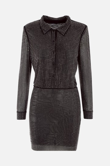SELF PORTRAIT mesh shirt dress with crystals Woman