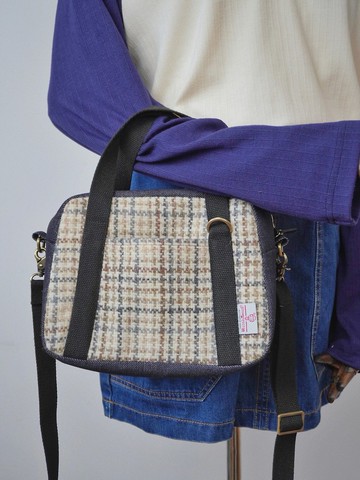 2024新款保齡球包通勤單肩斜挎手提牛仔拼色英國羊毛粗花拉鏈包