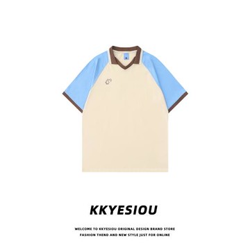 KKyesiou美式學院風插肩袖短袖T恤男女oversize休閑情侶POLO衫夏