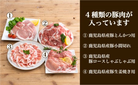 鹿児島県産豚4種類 3kgセット（ロースしゃぶしゃぶ用、生姜焼き用、とんかつ用、豚こま切れ）お肉 しゃぶしゃぶ 豚肉 カレー 炒め物 おかず セット 切り落とし 小分け 冷凍 カミチク