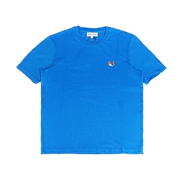 MAISON KITSUNE狐狸頭刺繡LOGO布標設計純棉圓領短袖T恤(男款/琺瑯藍)