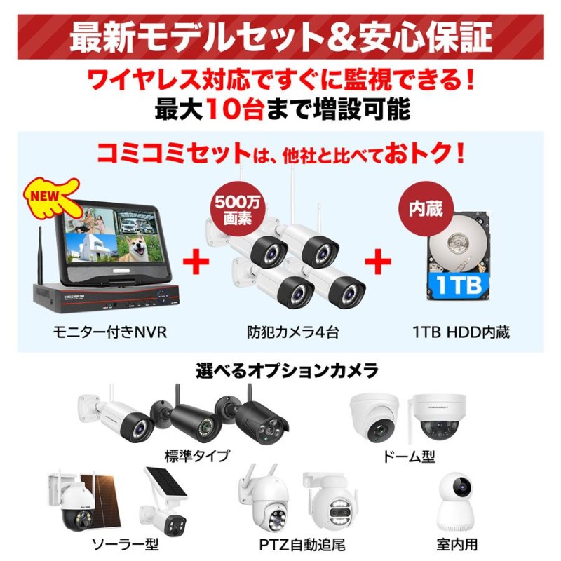 防犯カメラ 屋外 セット 家庭用 ワイヤレス wifi カメラ4台 モニター付き HDD付き LED防犯灯付き 赤外線モード スマホ遠隔監視 10台まで増設可  ネット環境不要 | LINEショッピング