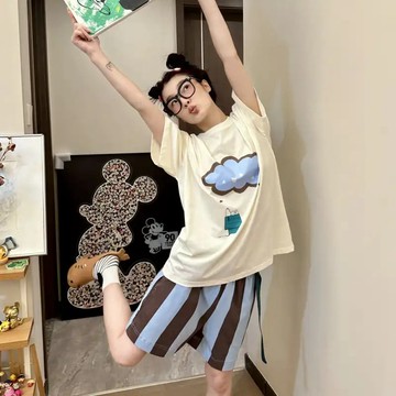 睡衣女  可愛 甜美雲朵印花短袖睡衣女夏季新款簡約條紋短褲家居服套裝  WHr
