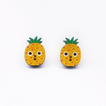 Cute Pineapple 可愛鳳梨木製耳環 原創插畫耳環 耳針無耳洞耳夾