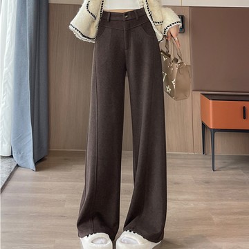 【MsMore】加絨加厚人字紋毛呢窄版闊腿褲直筒休閒垂感保暖西長褲# 124232