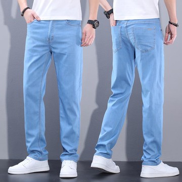 夏季超薄款男士牛仔褲男百搭寬松直筒大碼淺色商務休閑網紅長褲子