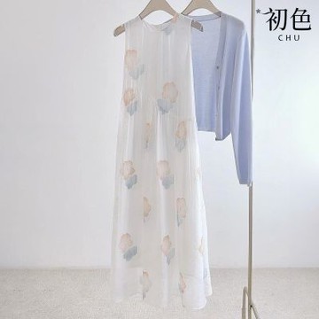 初色 法式簡約印花輕薄休閒無袖圓領背心連衣裙連衣裙連身洋裝長洋裝-白色-12569(M-XL可選)