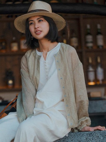 臓粉/青綠 天絲亞麻提花抽縐燈籠袖防曬襯衫 開衫薄外套