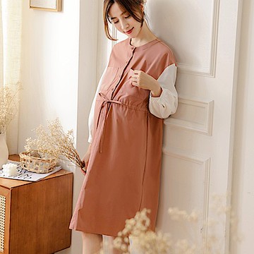 圓領半開襟大口袋抽繩綁帶孕婦洋裝-OB嚴選